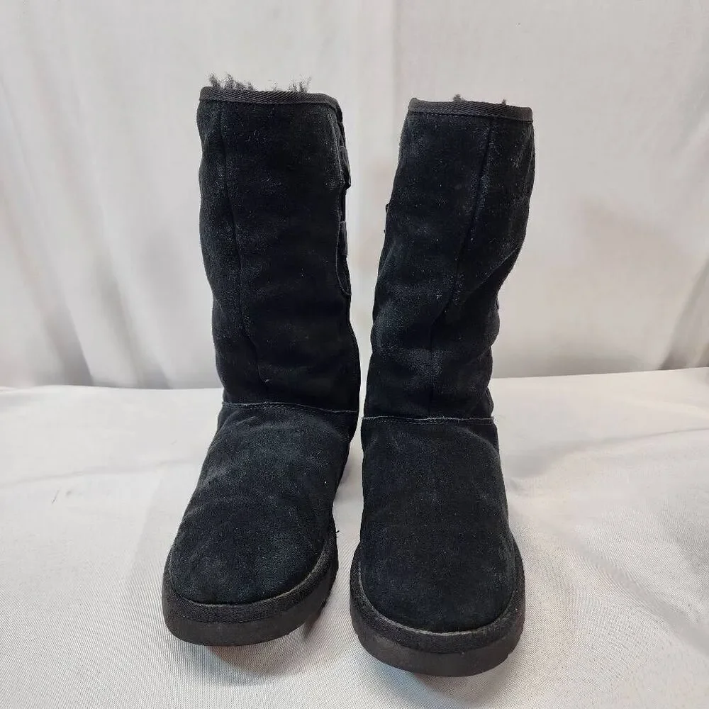 UGG Everleigh Black Suede Double Bow Mid Calf Womens 10 BOOTS Shearling Lining